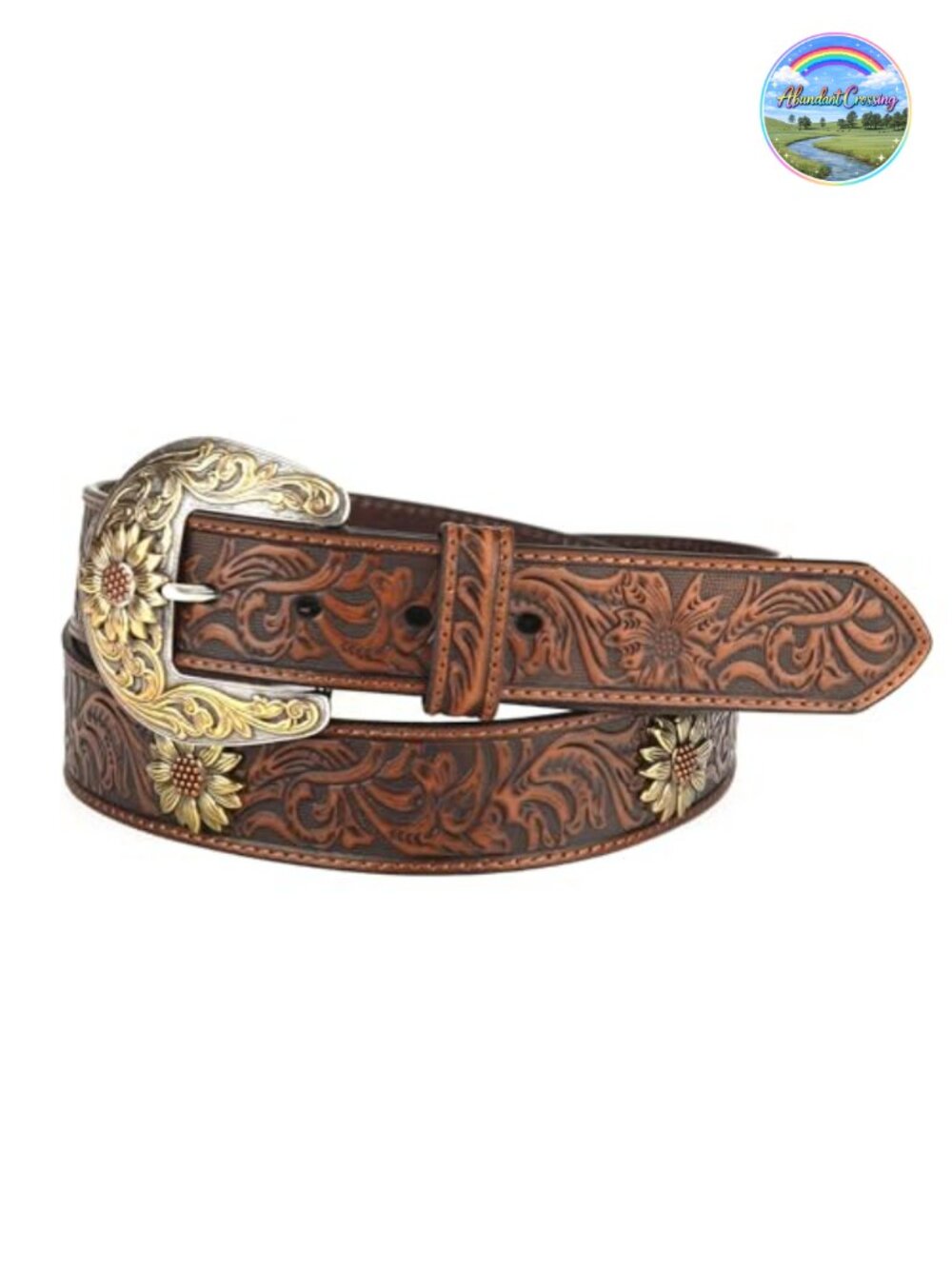 Genuine Leather Floral Tooled Western Belt with Concho Buckle 1.5in